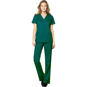 WonderWink WORK Women’s Scrubs Mock Wrap V-Neck Top & Flare Leg Drawstring Pant Scrub Set [XXS – 5XL](Hunter)