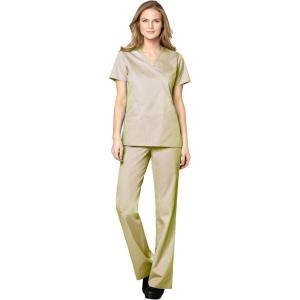 WonderWink WORK Women’s Scrubs Mock Wrap V-Neck Top & Flare Leg Drawstring Pant Scrub Set [XXS – 5XL](Khaki)