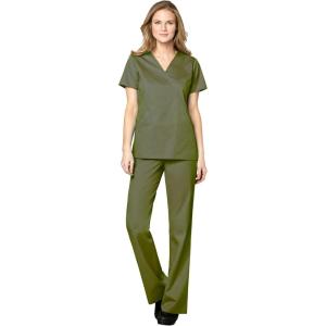 WonderWink WORK Women’s Scrubs Mock Wrap V-Neck Top & Flare Leg Drawstring Pant Scrub Set [XXS – 5XL](Olive)