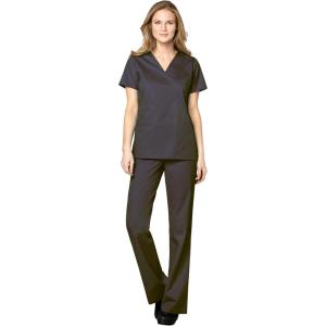 WonderWink WORK Women’s Scrubs Mock Wrap V-Neck Top & Flare Leg Drawstring Pant Scrub Set [XXS – 5XL](Pewter)