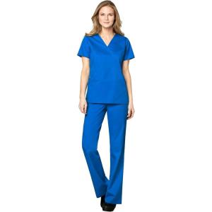 WonderWink WORK Women’s Scrubs Mock Wrap V-Neck Top & Flare Leg Drawstring Pant Scrub Set [XXS – 5XL](Royal)