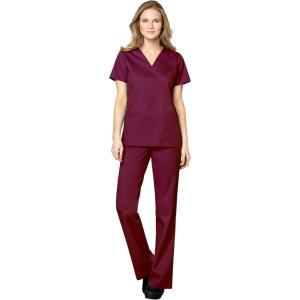 WonderWink WORK Women’s Scrubs Mock Wrap V-Neck Top & Flare Leg Drawstring Pant Scrub Set [XXS – 5XL](Wne)