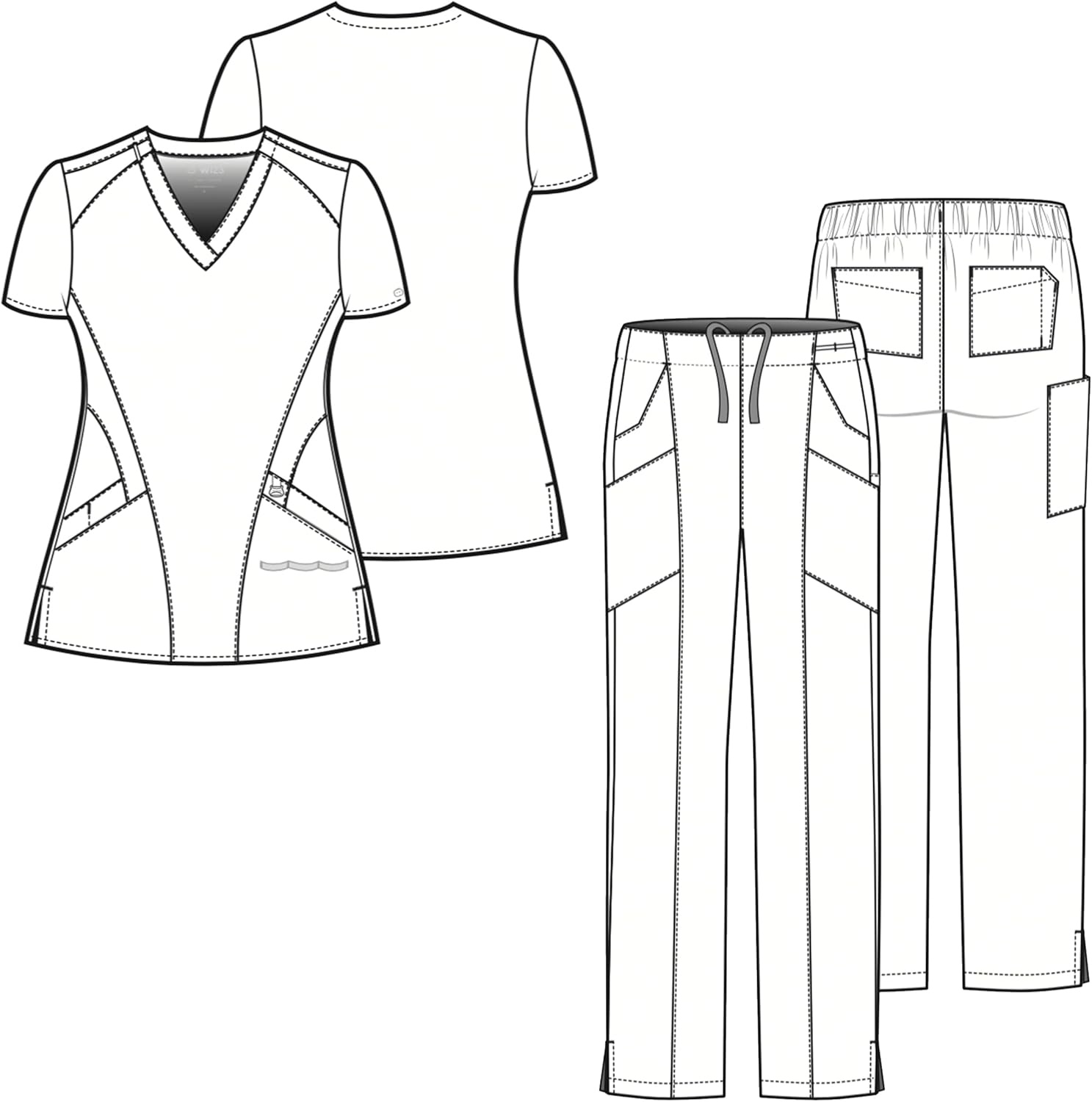 image:imageWonderWink W123 Womens Stylized Vneck Top amp Flat Front Double Cargo Pant Scrub Set Badge Reel