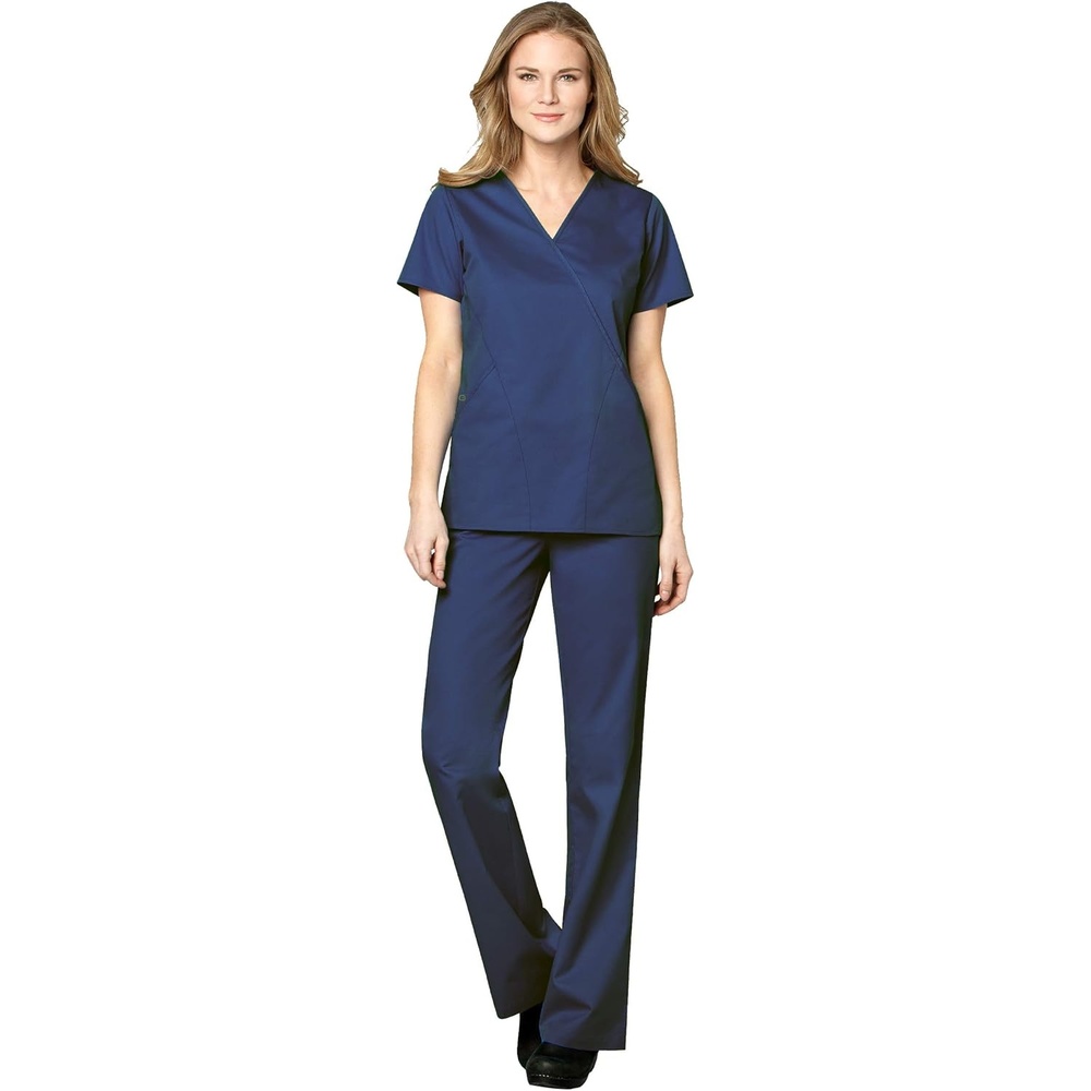 image:imageWonderWink WORK Womens Scrubs Mock Wrap VNeck Top amp Flare Leg Drawstring Pant Scrub Set XXS 5XLNavy