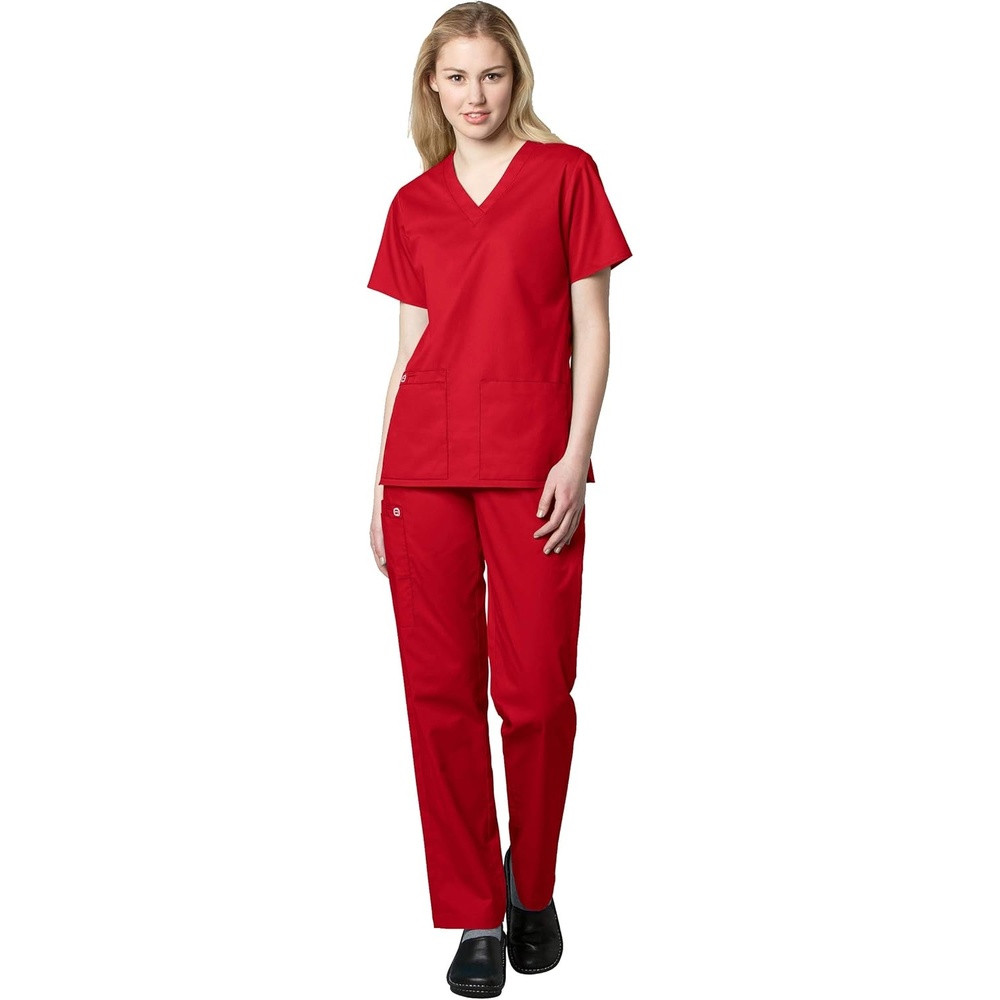 image:imageWonderWink WORK Womens Scrubs VNeck Chest Pocket Top amp Pull On Cargo Pant Set Badge ReelRed