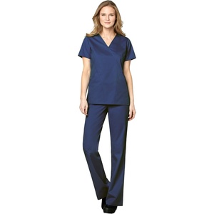 WonderWink WORK Women’s Scrubs Mock Wrap V-Neck Top & Flare Leg Drawstring Pant Scrub Set [XXS – 5XL](Navy)