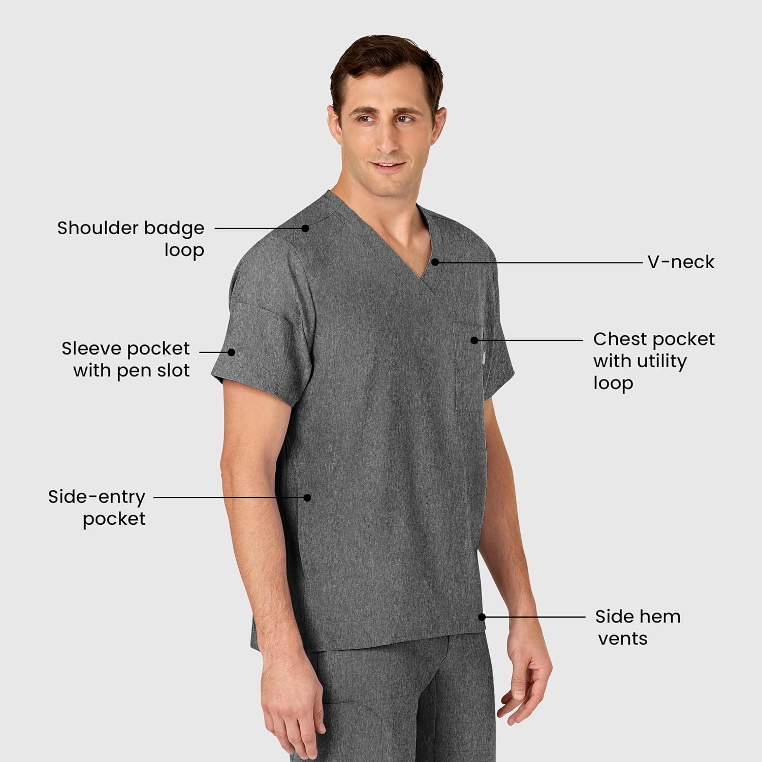 image:imageWINK W123 Mens VNeck Scrub TopCharcoal Heather