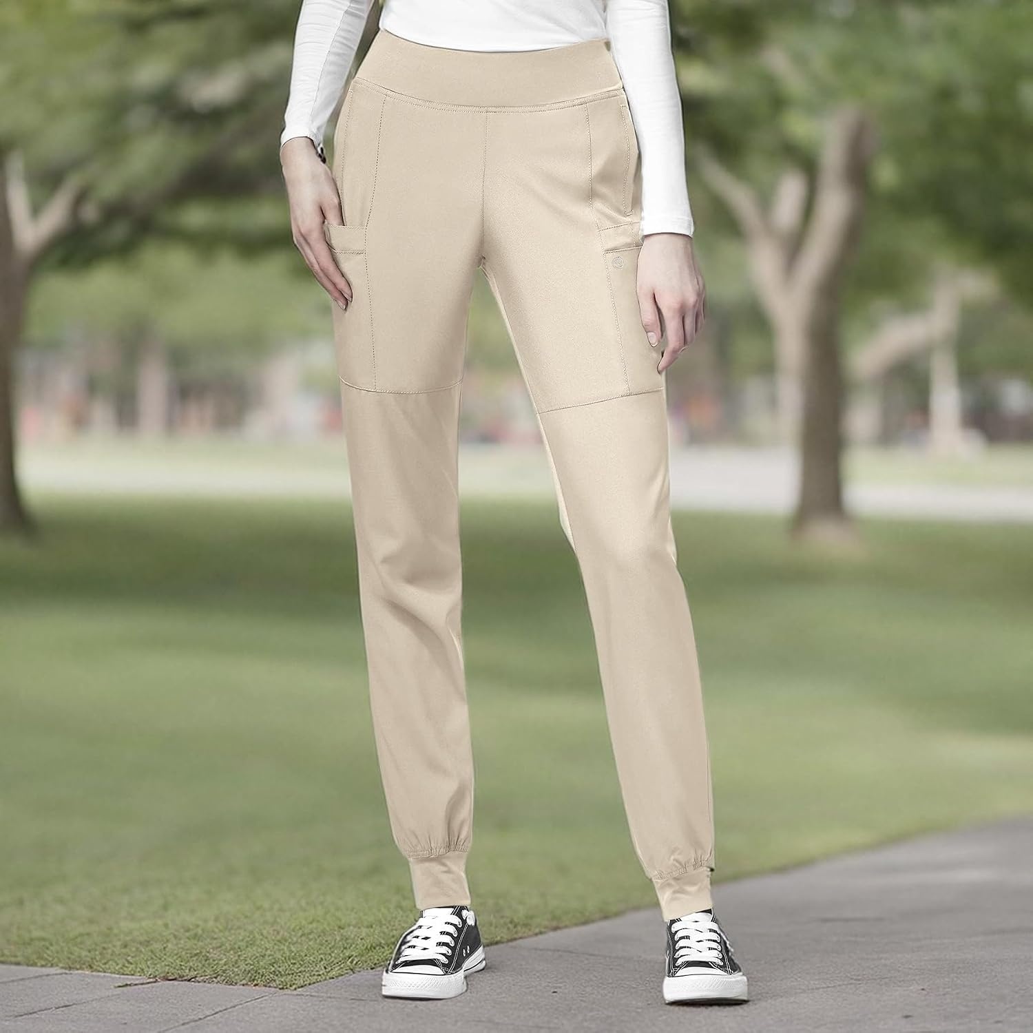 image:imageWINK Scrubs for Women W123 Comfort Waist Cargo Joggers Pants with 8 PocketsKhaki