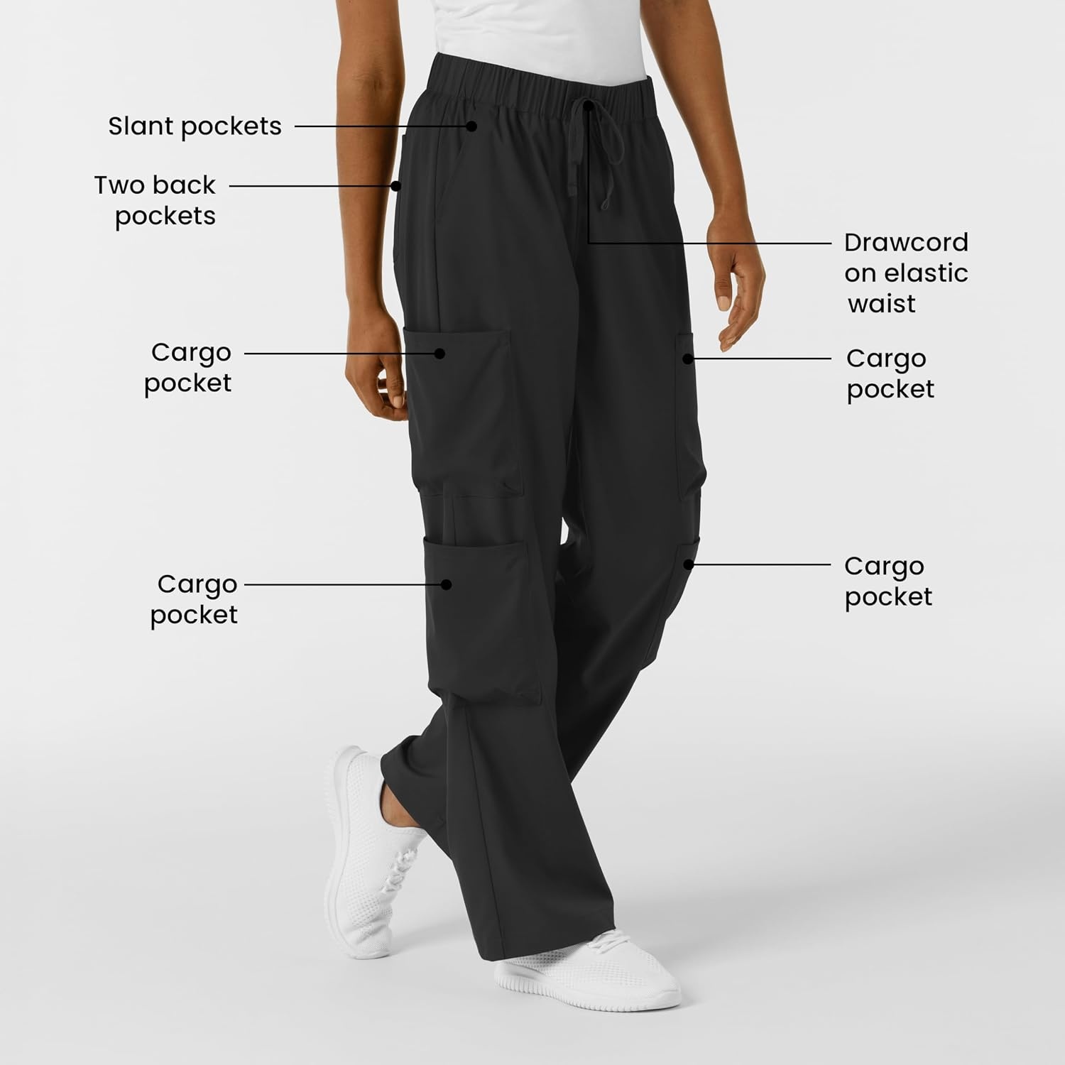 image:imageWink Scrubs for Women Boundless Classic Wide Leg Cargo Pants with Full Drawstring and 8 PocketsBlack