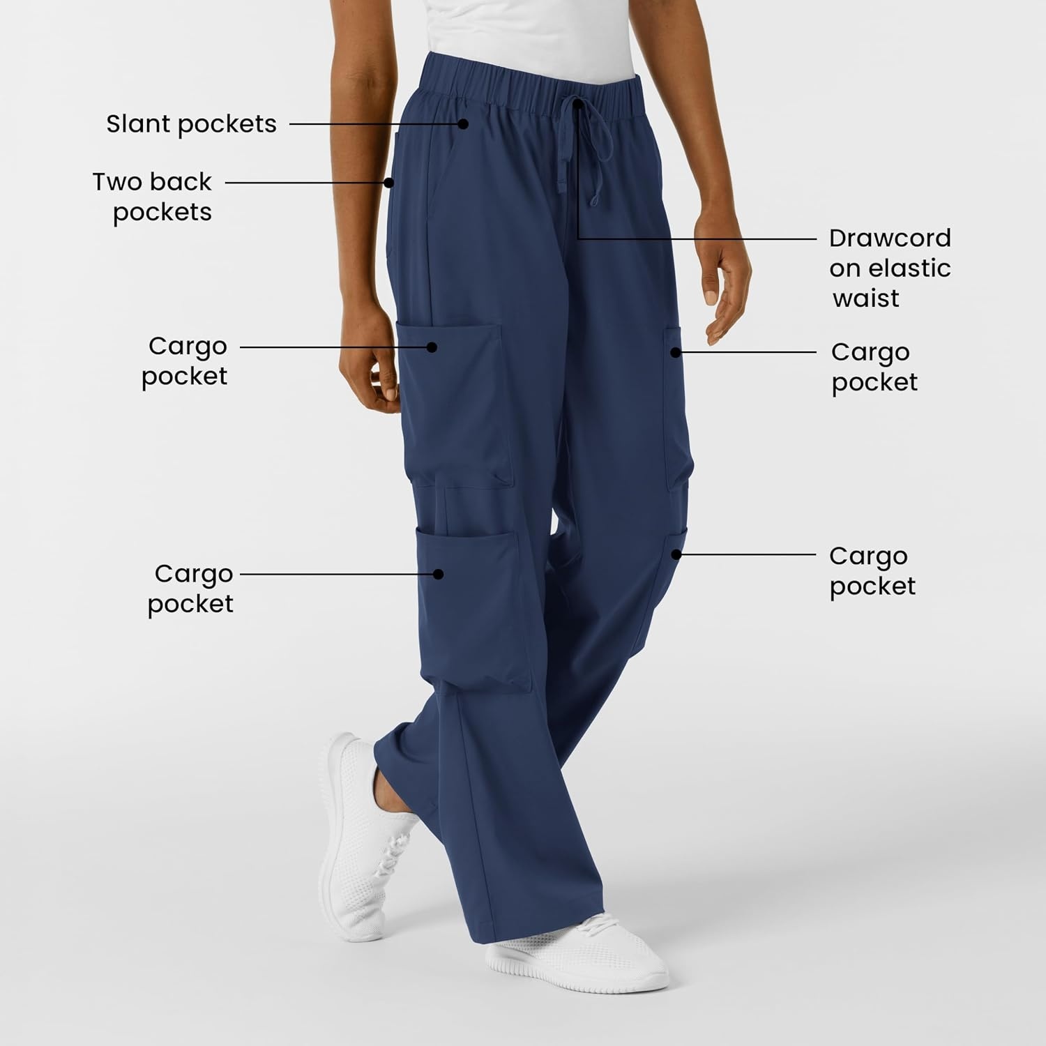 image:imageWink Scrubs for Women Boundless Classic Wide Leg Cargo Pants with Full Drawstring and 8 PocketsNavy
