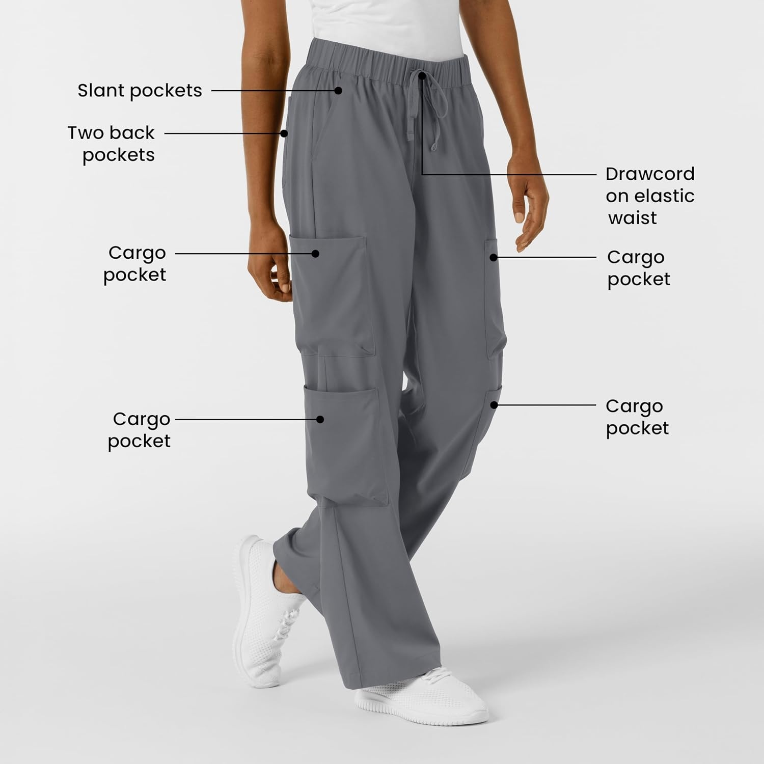 image:imageWink Scrubs for Women Boundless Classic Wide Leg Cargo Pants with Full Drawstring and 8 PocketsPewter
