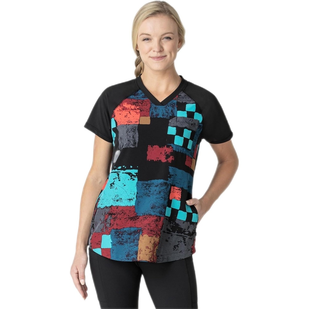 image:imageWINK Womens Womens Yoga VNeck Print Scrub TopFireside Check