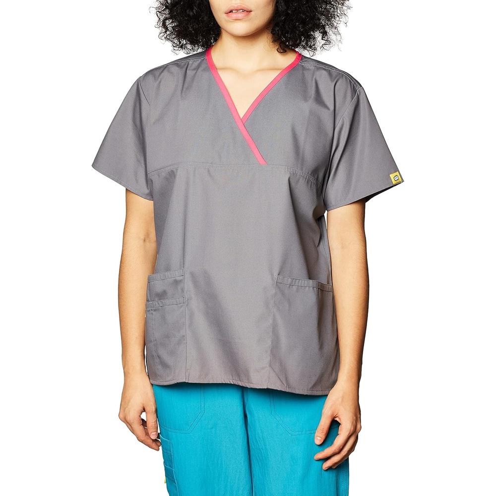 image:imageWonderWink Womens Charlie 5 Pocket YNeck Wrap Top Pewter Medium