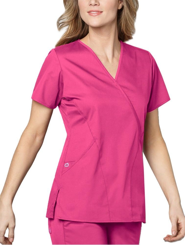 image:imageWINK WonderWORK Womens Mock Wrap Scrub TopFuchsia