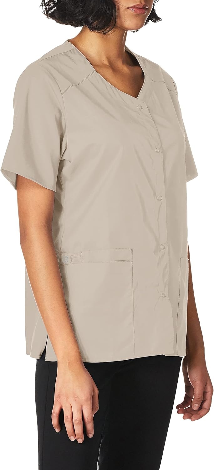 image:imageWINK WonderWORK Womens Short Sleeve Snap Front Scrub TopKhaki